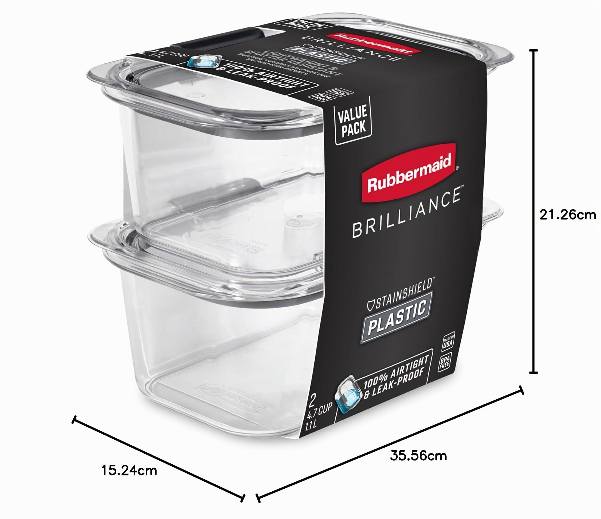 Rubbermaid Brilliance - Contenitore per alimenti con profondità media, 4,7 tazze, trasparente, confezione da 2