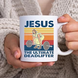 Jesus The Ultimate Deadlifter Funny Vintage Gym Christian WhiteMug, Tea Mug, Tea Cup, Coffee Cup