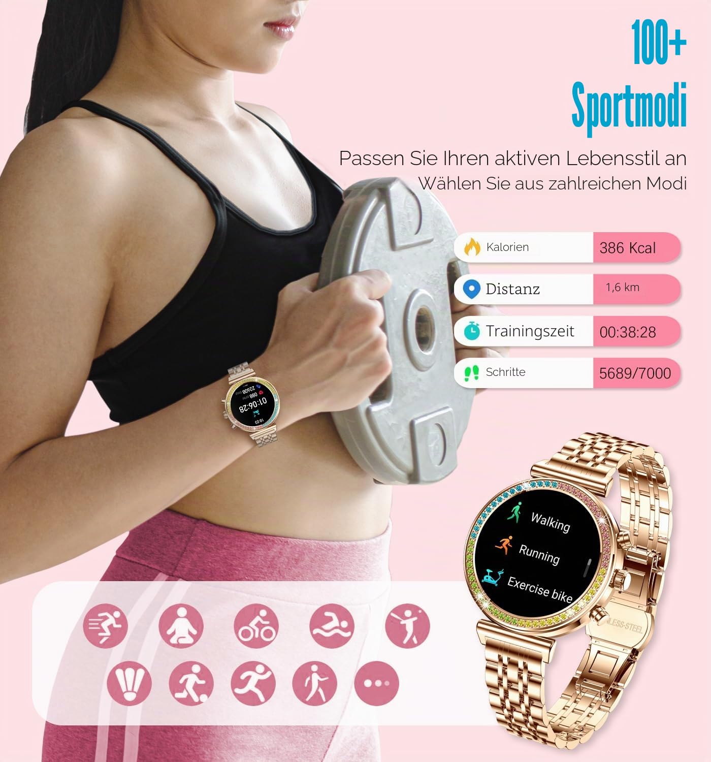 Fitness Smartwatch für Damen, 1,25 Zoll HD Display, Bluetooth Anrufe, wasserdichte Sport Damen Smartwatch, Pulsuhr, Schrittzähler - Kompatibel mit Android & iOS (Full Gold RTi110)