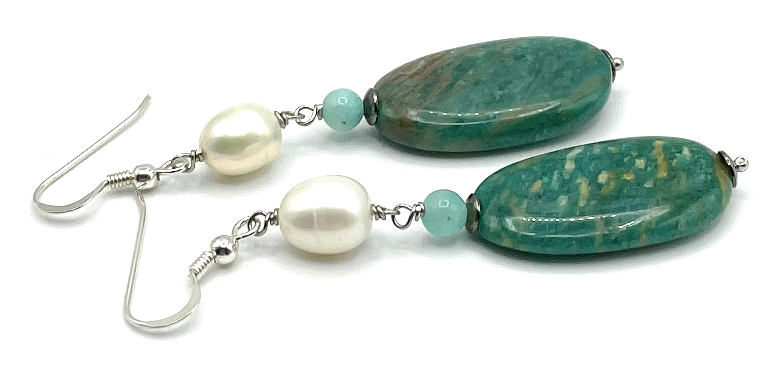 Orecchini con Amazzonite Turchese e Perle Bianche, Pendenti Lunghi, Argento 925, Gioielli Pietre Dure Naturali, Regalo per Lei, Bijoux