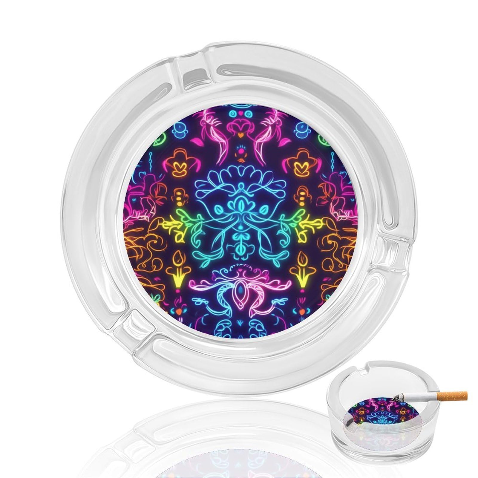 Colorful Mandala Patte272 Glass Ashtray 3.3 Inch Round Cigarette Ash Holder with 4 Grooves for Home Office Outdoor One Size