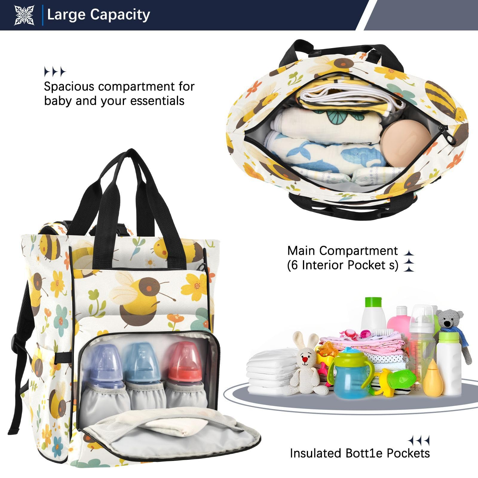 Lindas Abejas Flores Mochilas de Pañales para Gran Capacidad Pañal Bolso Mochila para Viajar al Aire Libre Mamá y Papá