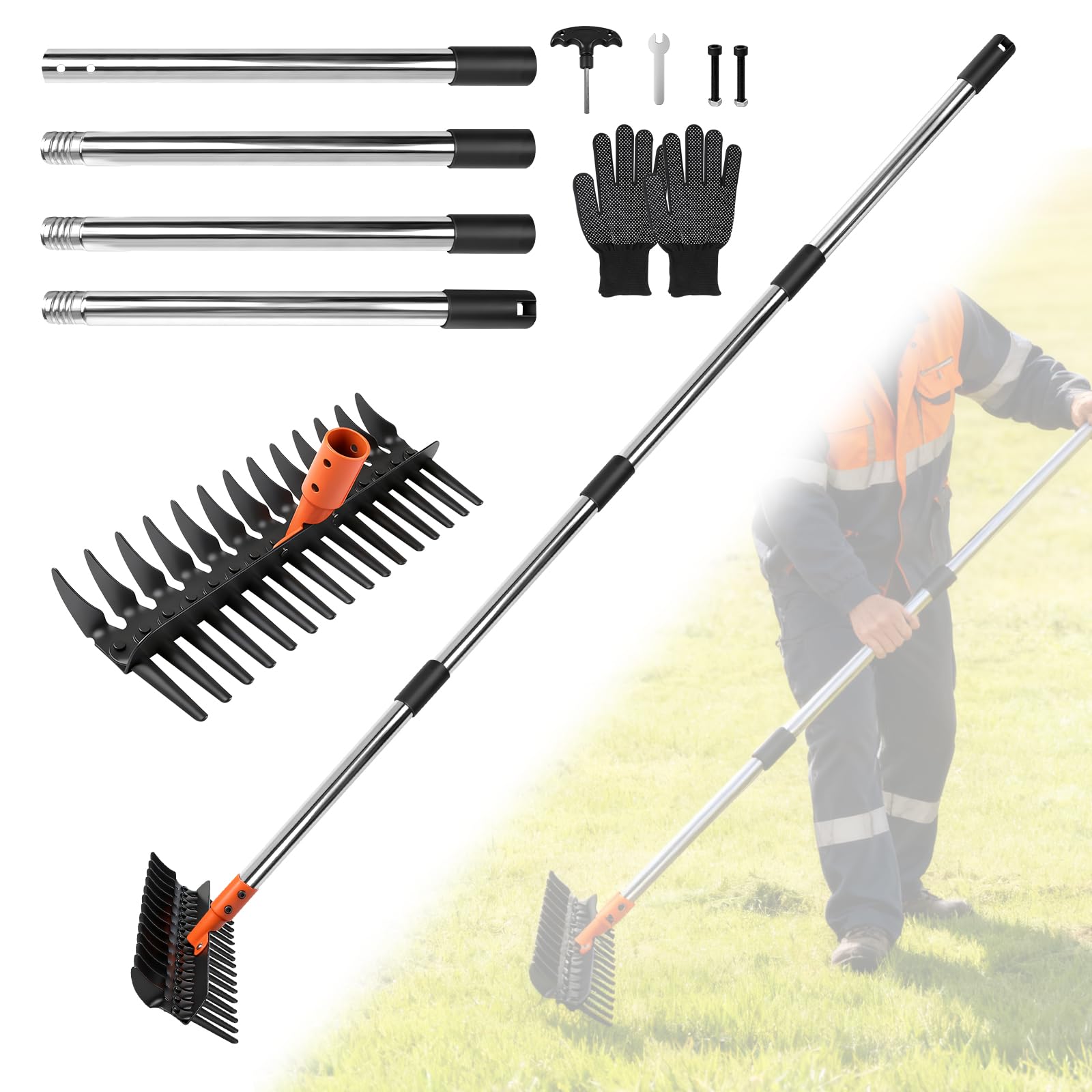 Rastrello Giardino per Erba con Manico Regolabile 75cm/110cm/145cm, Rastrello per Foglie, Rastrellos per Paglia, Estirpatore Erbacce Manuale per Arare e Dissodare il Terreno