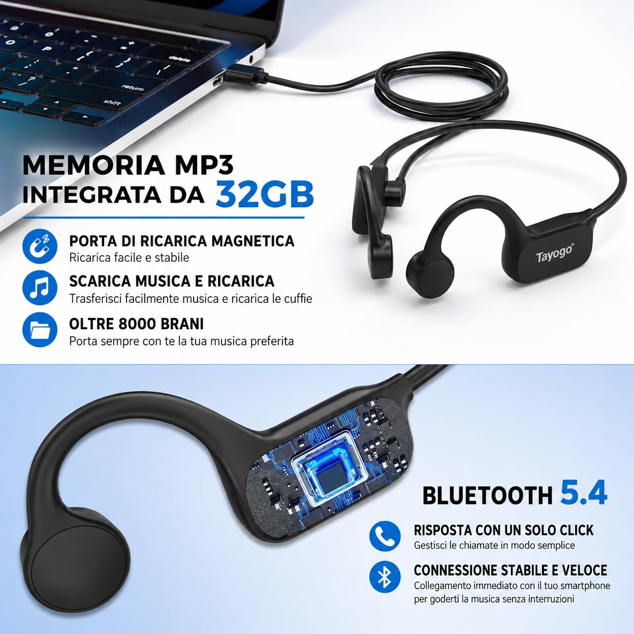 Tayogo Cuffie da Nuoto a Conduzione Ossea IPX8, Lettore MP3 Subacqueo 32GB e Bluetooth 5.4, Cuffie Impermeabili con Microfono per Chiamate, Piscina, Mare, Triathlon, Corsa e Sport, W26