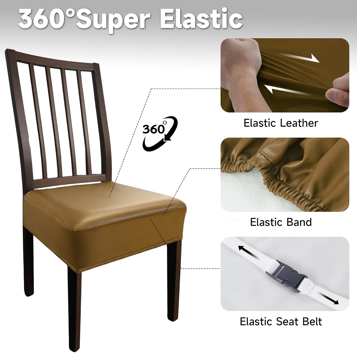 Leather Seat Covers Dining Chairs Waterproof Kitchen Chair Seat Covers set of 6, Wipeable 4-Sided Elastic PU Chair Covers Dining Chairs for Dining/Kitchen Room and Dust Resistant(Light Brown, 6PCS)
