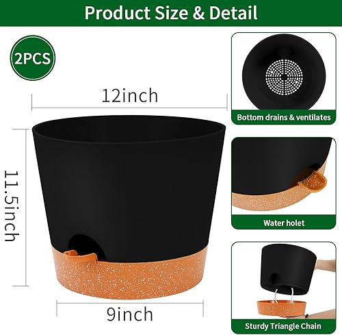 Miniatura 66 de GARDIFE 10/9/8 inch Plant pots, planters for Indoor Plants, self Watering Plant Pot, Flower pots, Black