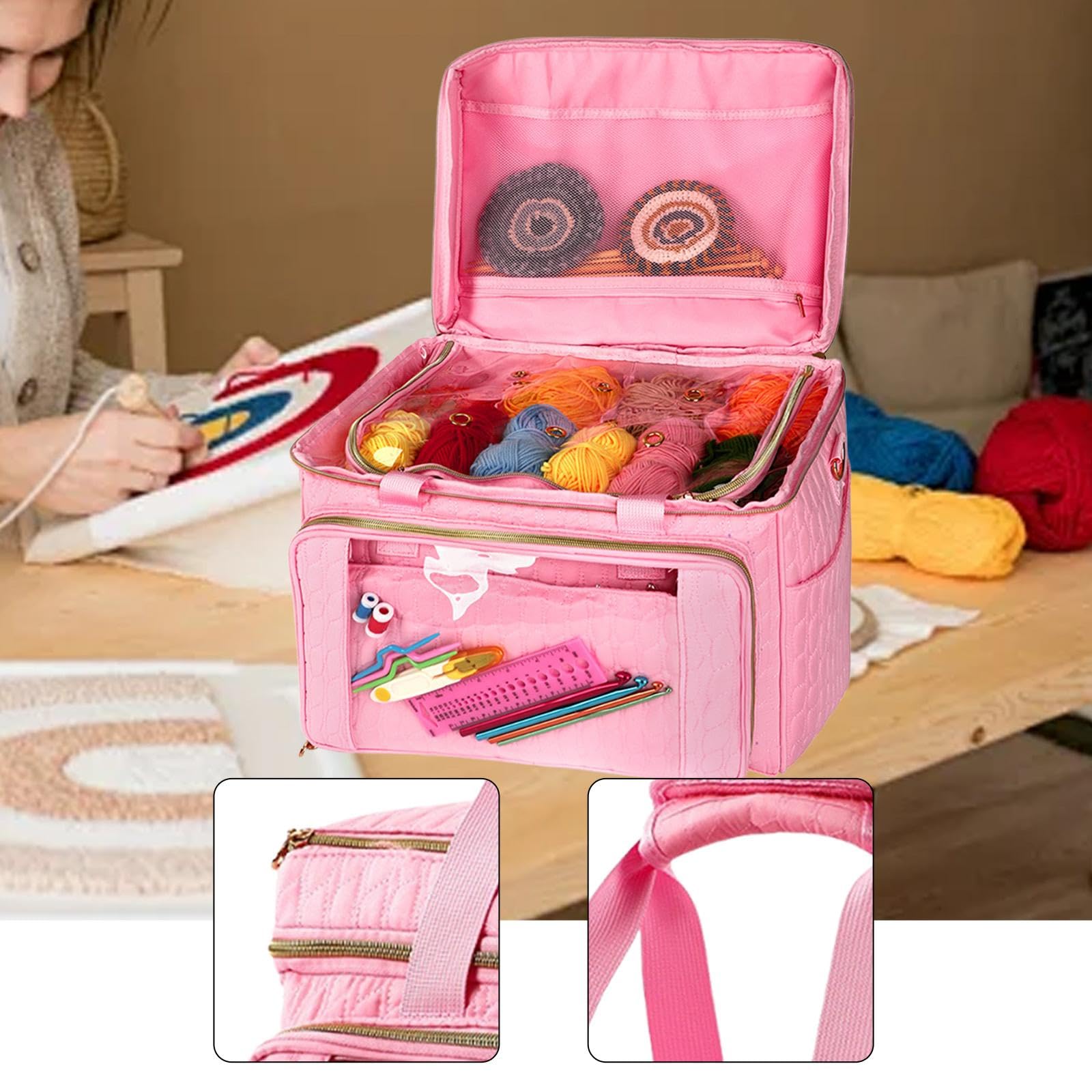 Bolsa para Bolsa para Organizar Estambre Estuche para Ganchillos Bolso de Tejer con Múltiples Bolsillos Tela Resistente Adecuada para Manualidad, Rosa, Individual