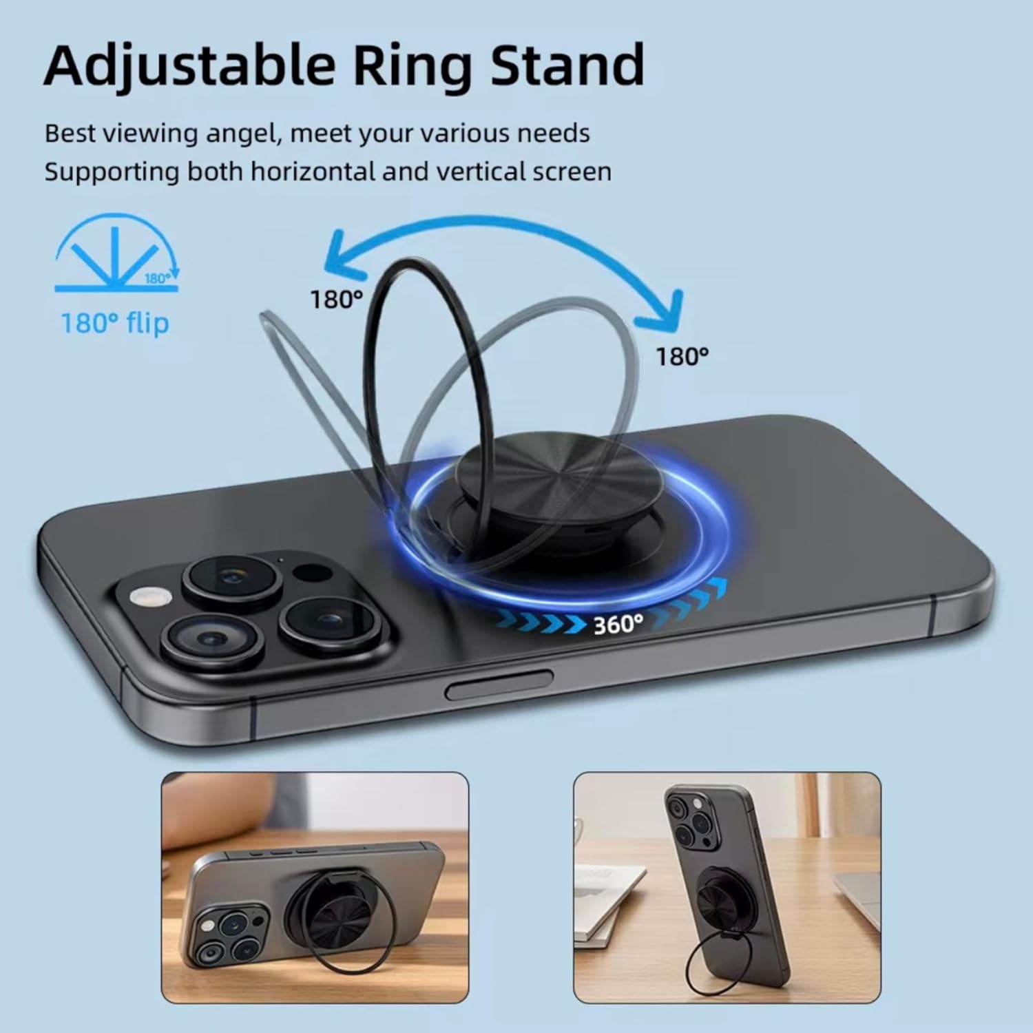 Magnetic Phone Grip with Ring Stand Compatible with MagSafe (Black – Aluminum Mirror)