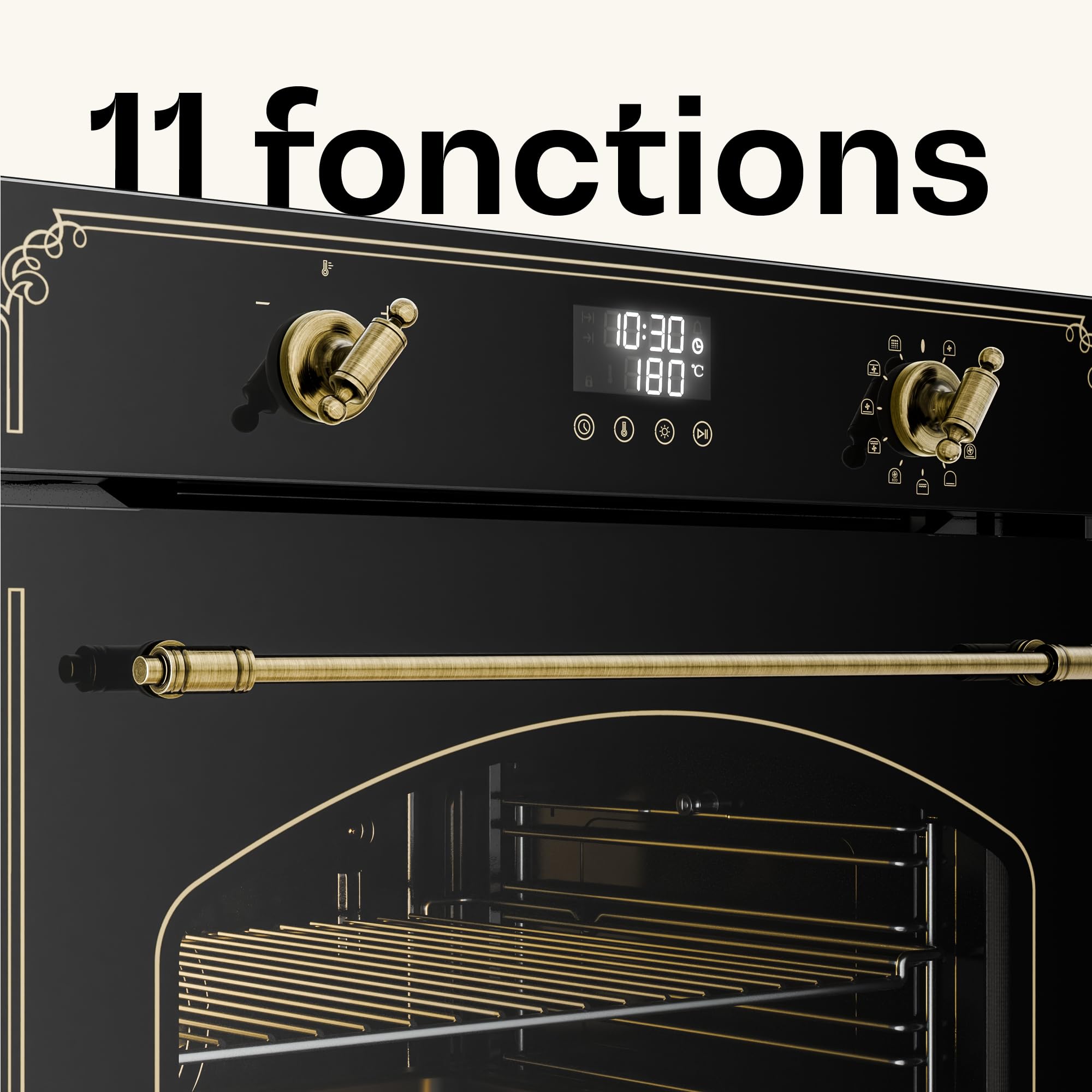 Klarstein Four Encastrable Pyrolyse Chaleur Tournante 76L - 11 Modes, Nettoyage Pyrolyse, Classe A, Design Rétro, Commande Boutons, Four Électrique Encastrable 60cm, Noir - 3