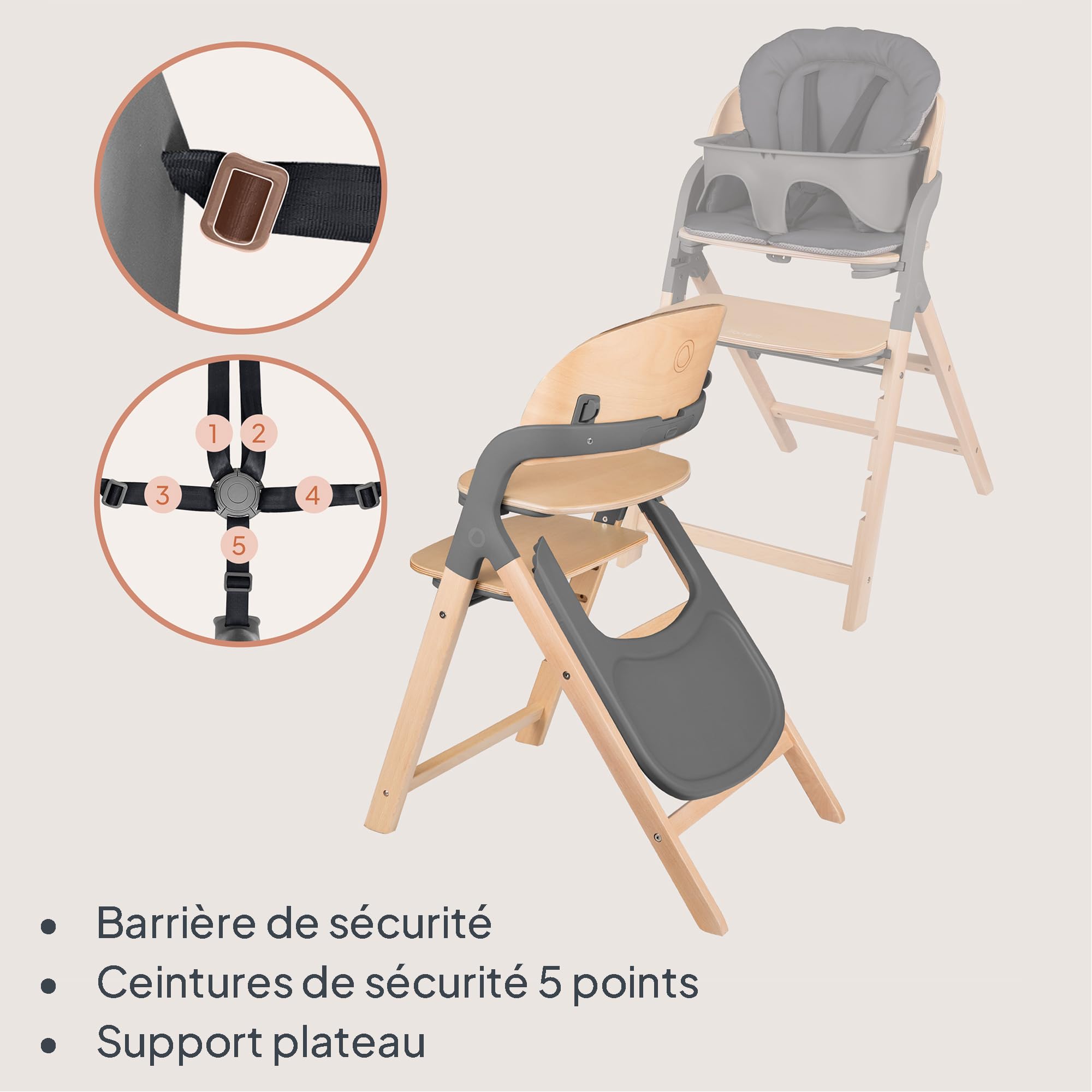 LIONELO Chaise Haute en Bois Megan, Évolutive de 6 mois à 110 kg, Repose-pieds Réglable, Ceintures 5 Points, Coussin d'Assise, Nettoyage Facile (Grey)