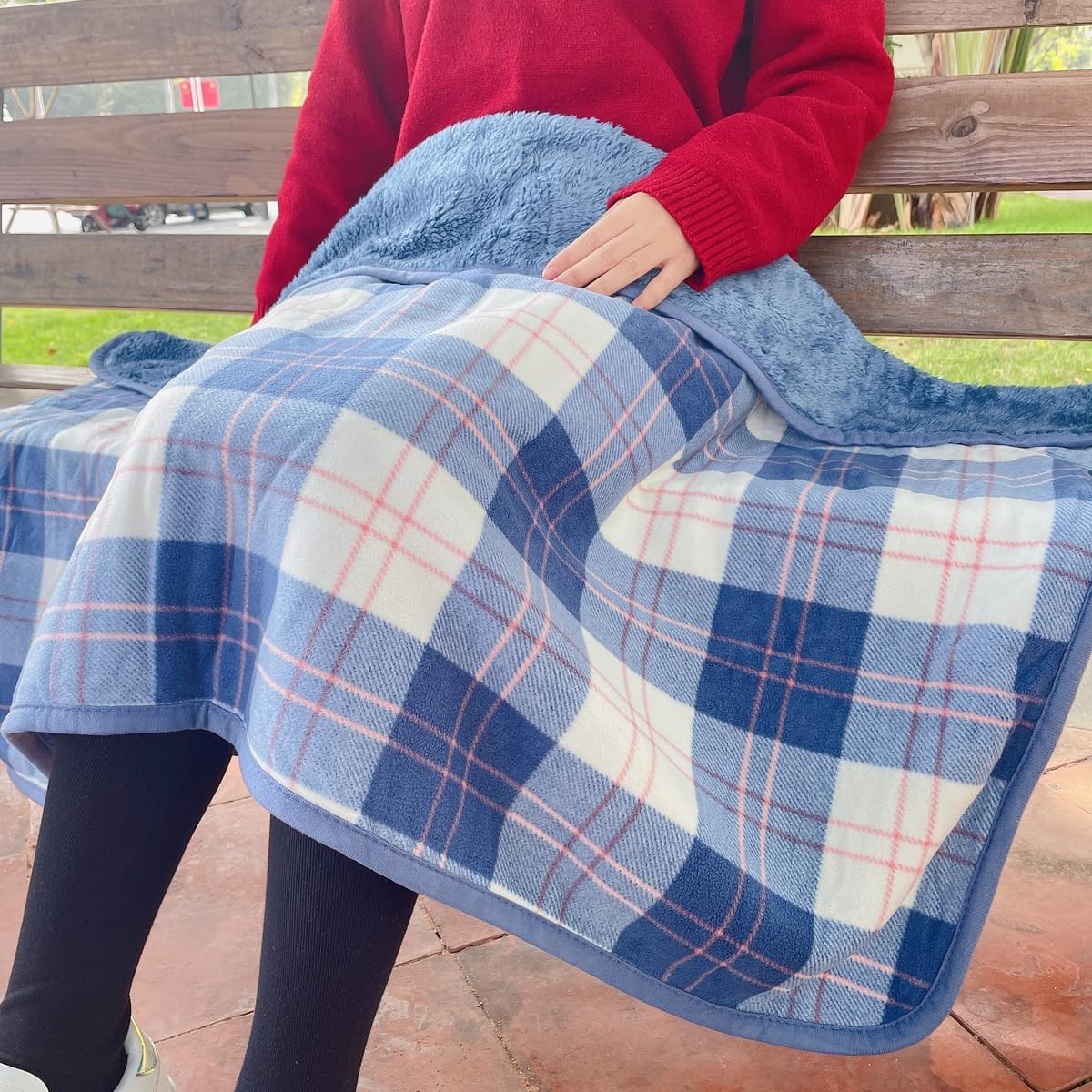 Missmat-Wearable Blanket, Poncho Throw with Buttons (55" L x 39.3" W), Comfy Plaid Shawl for Office, Bed, Sofa and Outdoors, All Seasons（Blue - Image 5