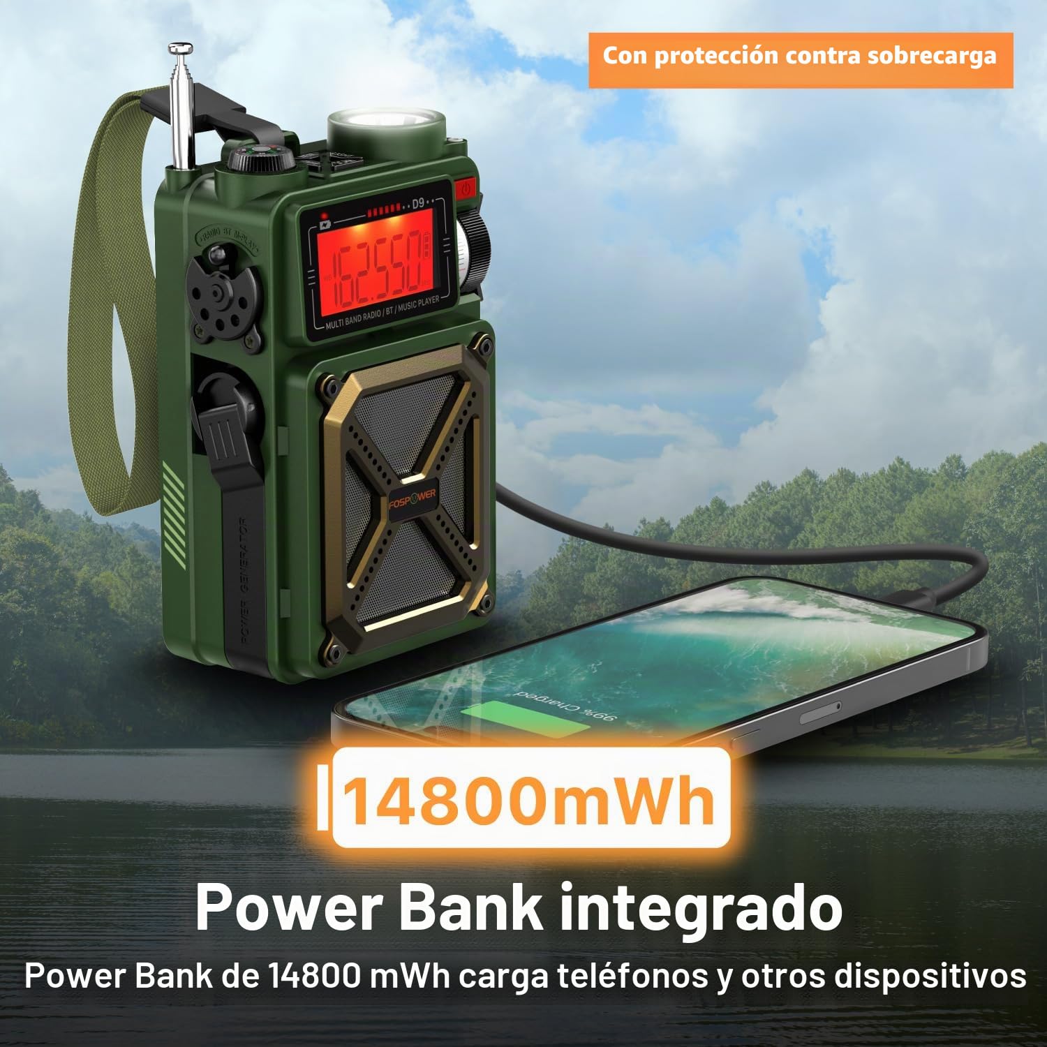 FosPower Radio de Emergencia Tiempo con Altavoz Bluetooth, 14800mWh | Manivela USB-C Carga Solar NOAA AM/FM SOS Alarma Linterna LED Conector Auriculares Pantalla Escaneo Digital, para Emergencias