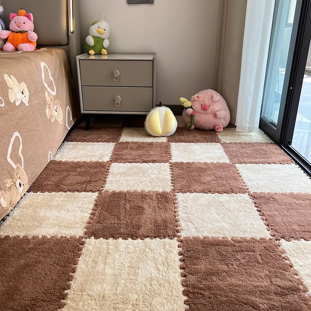 10Pcs Foam Play Mat 30x30cm Plush Square Interlocking EVA Foam Floor Tiles,Anti-Slip Play Area Rug Living Room Bedroom Gym Floor Protector (Beige Coffee,1cm Thick)