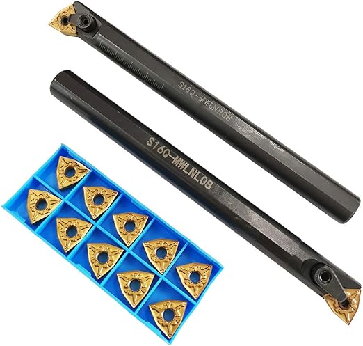 5/8'' x 7'' Turning Tool Indexable Boring Bar S16Q-MWLNR08 + S16Q-MWLNL08 with 10pcs WNMG080404-CM Indexable Carbide Turning Inserts for Metal Lathe Turning Tools