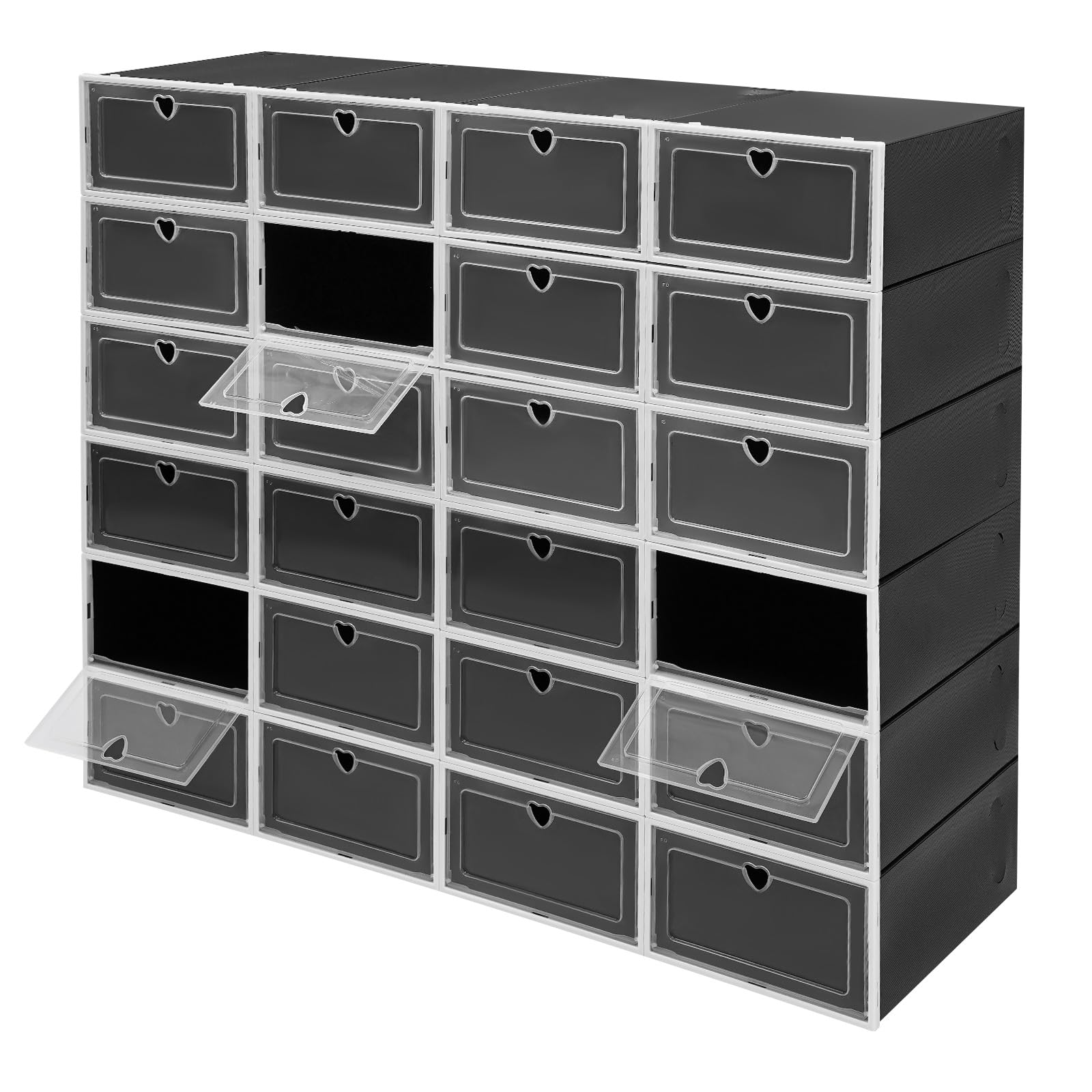 24 scatole per scarpe impilabili, trasparenti, per scarpe con coperchio, in plastica, per uomo/donna (a forma di cuore nero)