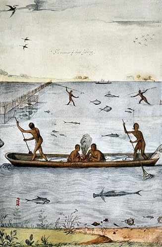 Póster de pesca algonquiana 1585 Ncarolina Algonquian Native Americans Fishing Watercolor C1585 por John White (18 x 24)