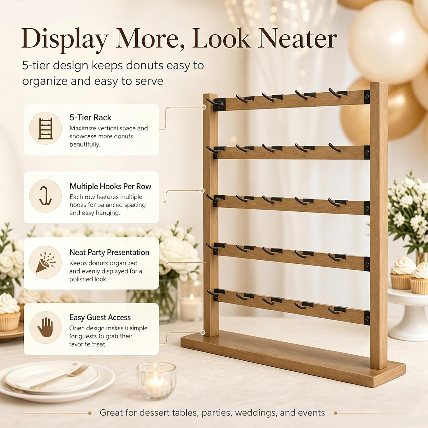 Wooden Donut Wall-5 Tiers Display Stand-Donut Stands for Dessert Table - Rustic Doughnut Holder for Party Decor-Reusable Dessert Table Bagel Rack with 20 Removable Metal Hooks-Brown