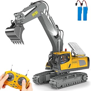 BEWEAI 11CH 2.4GHz RC Excavator Toy with Metal Shovel, Lights, 680° Rotation & Dual Batteries - Construction Digger for Boys 6-12