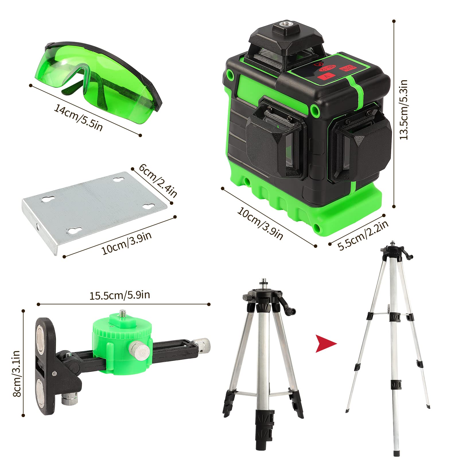 Livella Laser Autolivellante 360 Laser Verde 3D 12 Linee con Treppiedi Linea trasversale Orizzontale e Verticale Staffa a Parete 2 Batterie