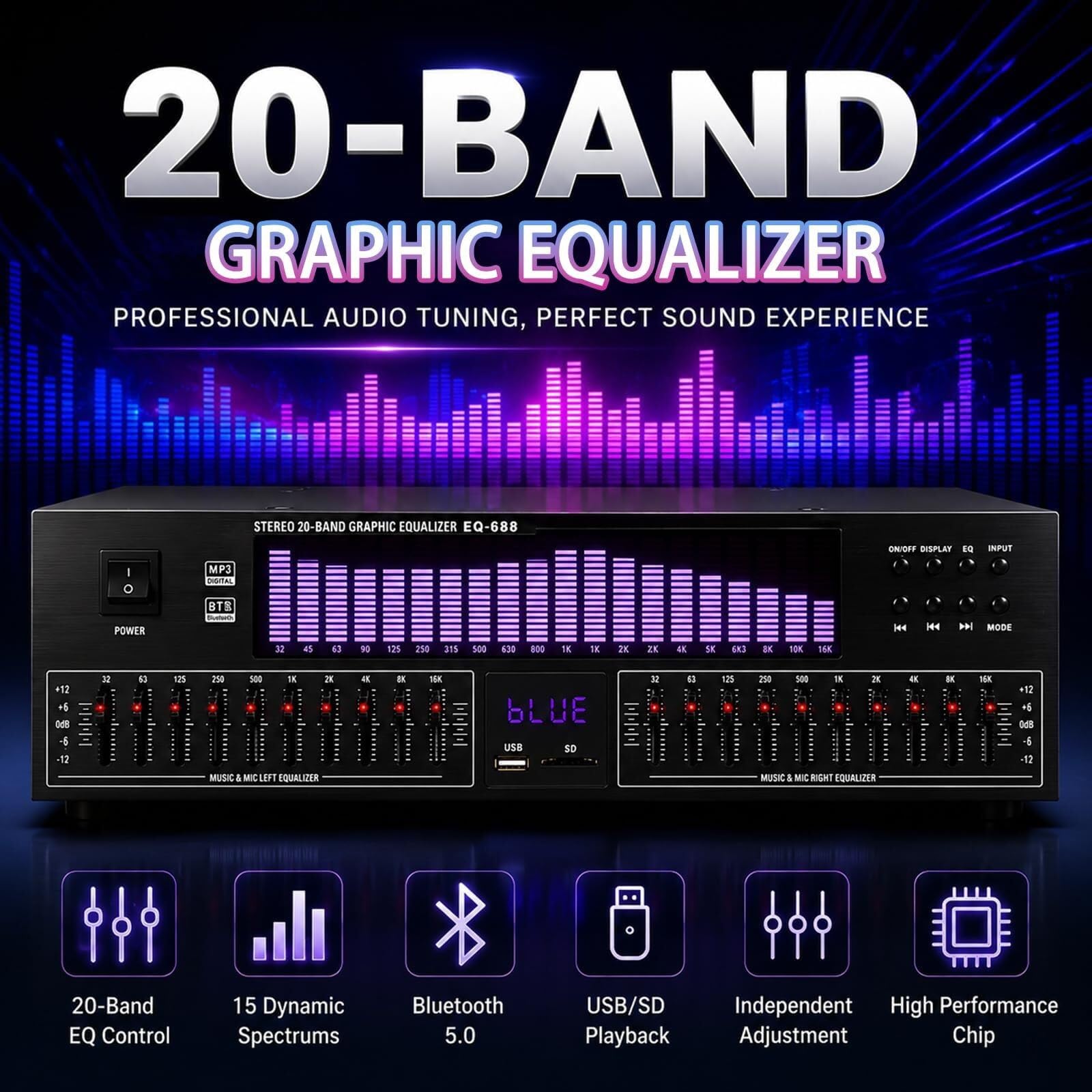 Ecualizador gráfico Hi-Fi de 20 bandas, procesador de audio estéreo digital con 15 efectos dinámicos, pantalla LED de espectro, analizador de espectro musical con control independiente