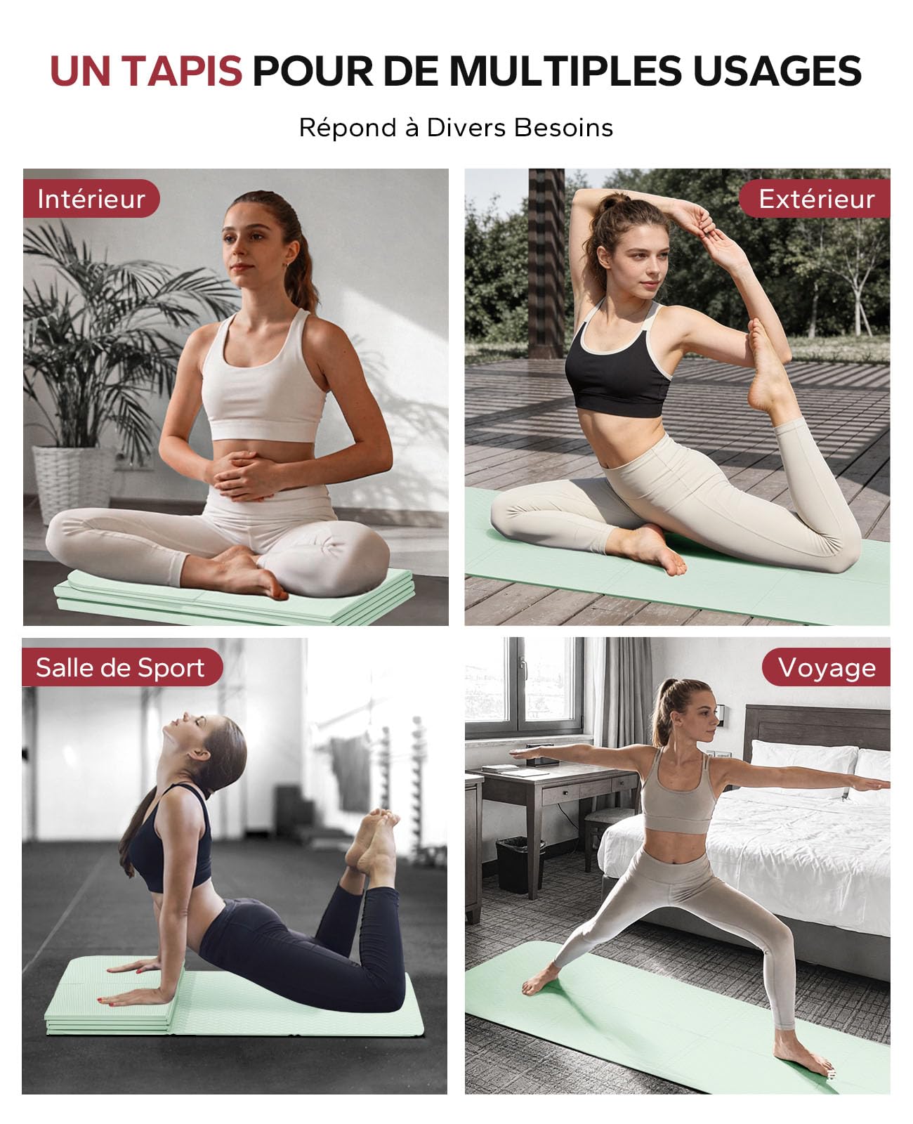 HAPBEAR Tapis de Yoga Pliable 183x61x0,6 cm–Antidérapant,en TPE | Adapté au Yoga,Pilates,Étirements et Entraînements à la Maison,Livré avec Sac de Rangement,Léger et Gain de Place