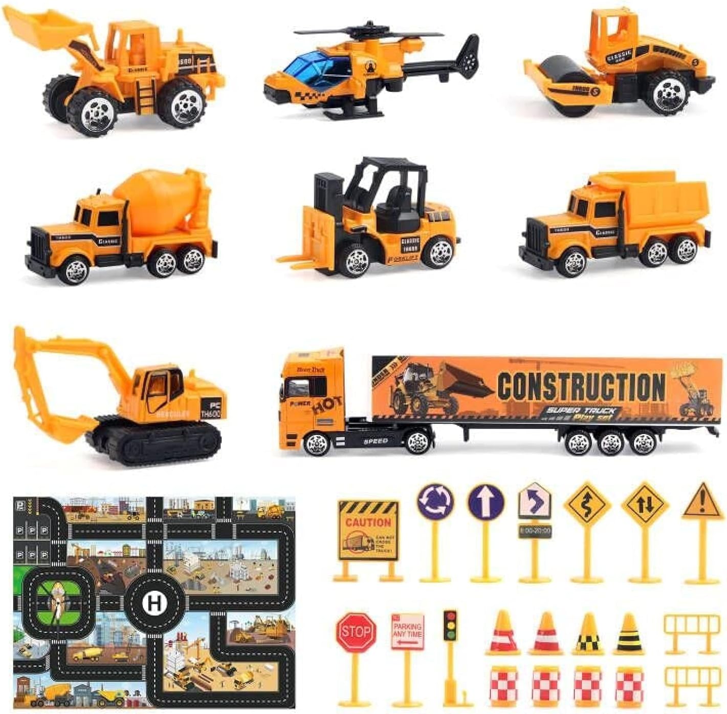 Jenilily Mini Construction Vehicle Toy Car Set with Play Mat, Truck Carrier, Forklift, Bulldozer, Excavator, Mixer, Dump Truck,Toys for 3 4 5 6 Years Old Toddlers Kids Boys