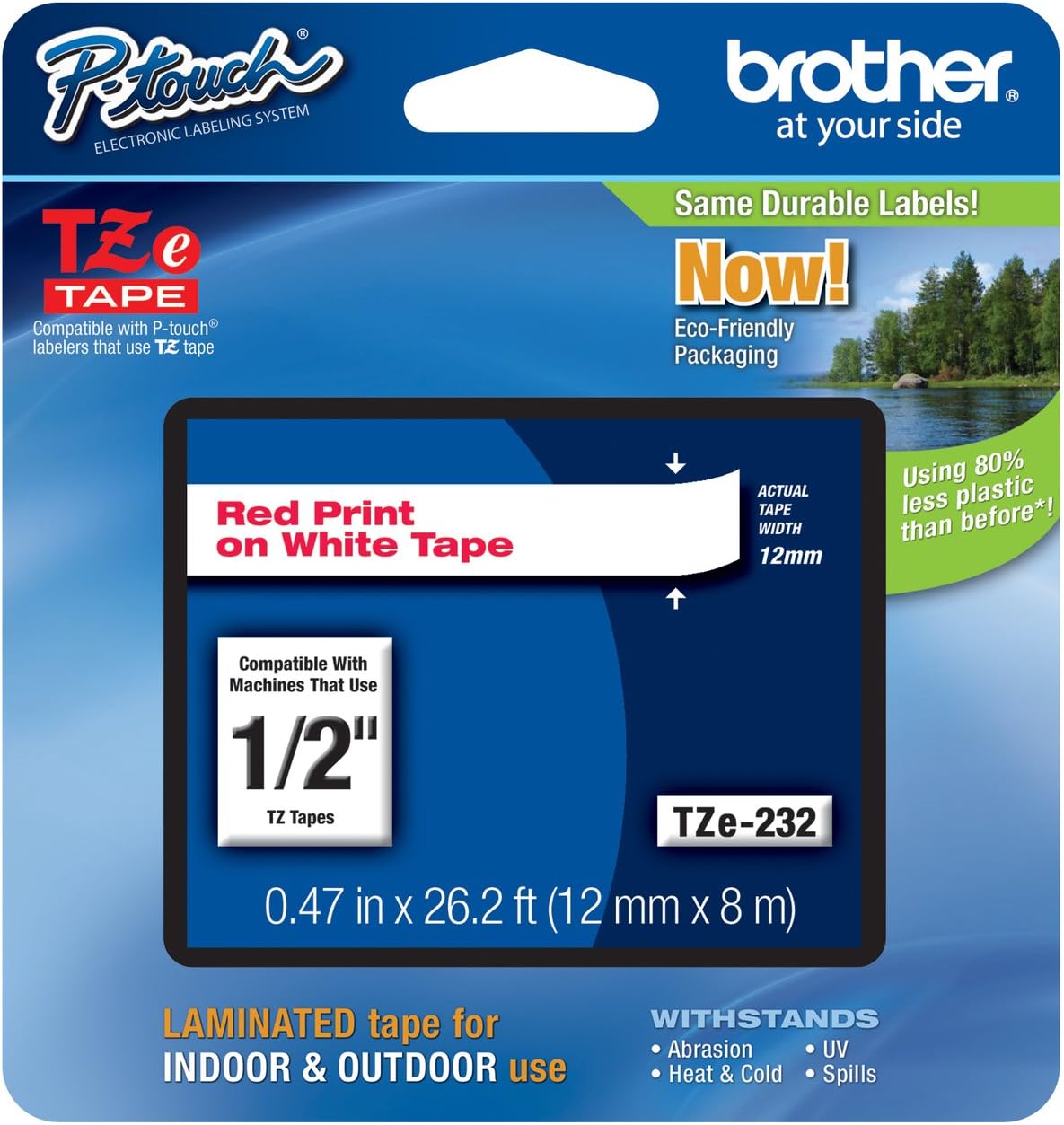 Brother Genuine TZe-232 1/2" Red on White Standard Laminated Tape for P-Touch Labeler, 6 Pack
