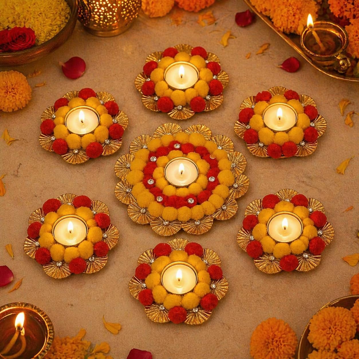 Artificial Marigold Flower Rangoli Diya Set (7 Pieces) | Decorative Tealight Holder Rangoli Combo for Diwali Decoration | Reusable Genda Phool Pooja Decor for Home, Mandir & Festive Setup-image-21