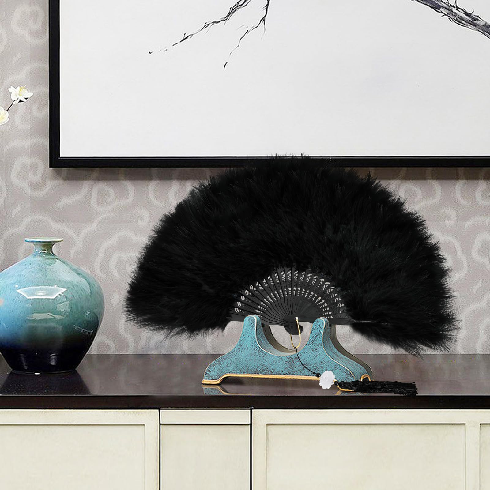 1920 art deco black hair fan Amazon.com: Dual-side Black Feather Fan 1920s Costume  main image 4