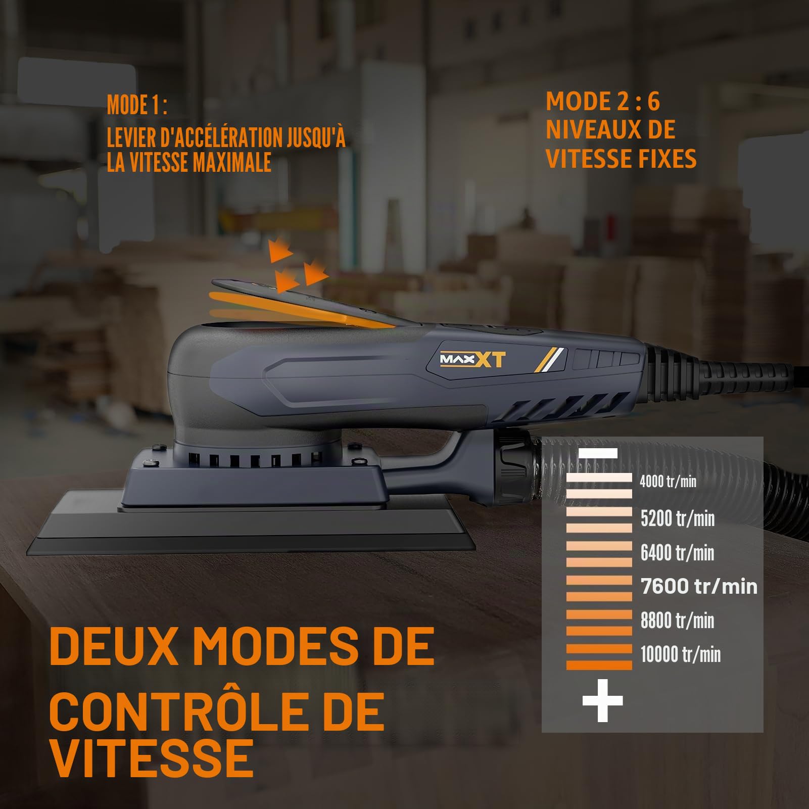 MAXXT Ponceuse excentrique électrique sans balais - 3 mm - 350 W - Multifonction - 4000-10000 tr/min - Vitesse variable - Ponceuse excentrique filaire - Machine avec 10 papiers abrasifs