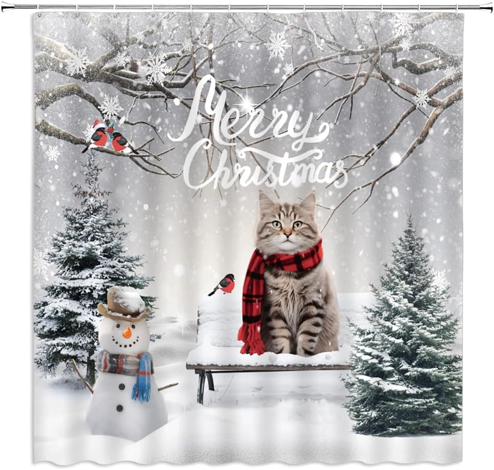 Merry Christmas Shower Curtain Cute Cat Sitting in Bench Snowman Snow Pine Tree Red Bird Animal Bathroom Decor Fabric Curtains with Hook 70Wx80H Inches