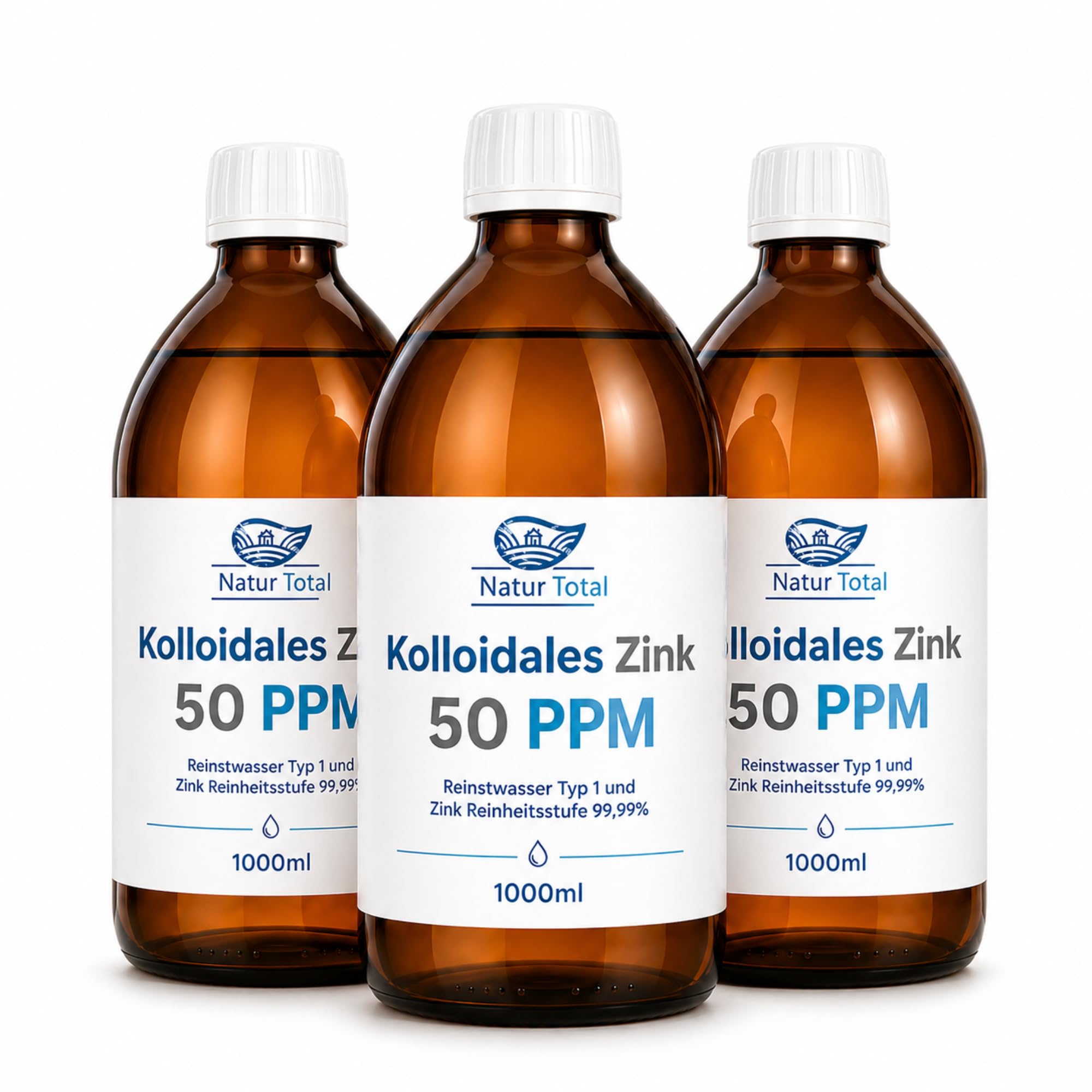 Natur Total Kolloidales Zink 50 PPM 3x1000ml XXL-Profi-Set | 3 Apotheker-Braunglasflaschen | Reinstwasser Typ 1 | 99,99% Zink | Für Pferdehöfe, Praxen & Vielnutzer | Made in Germany seit 2011