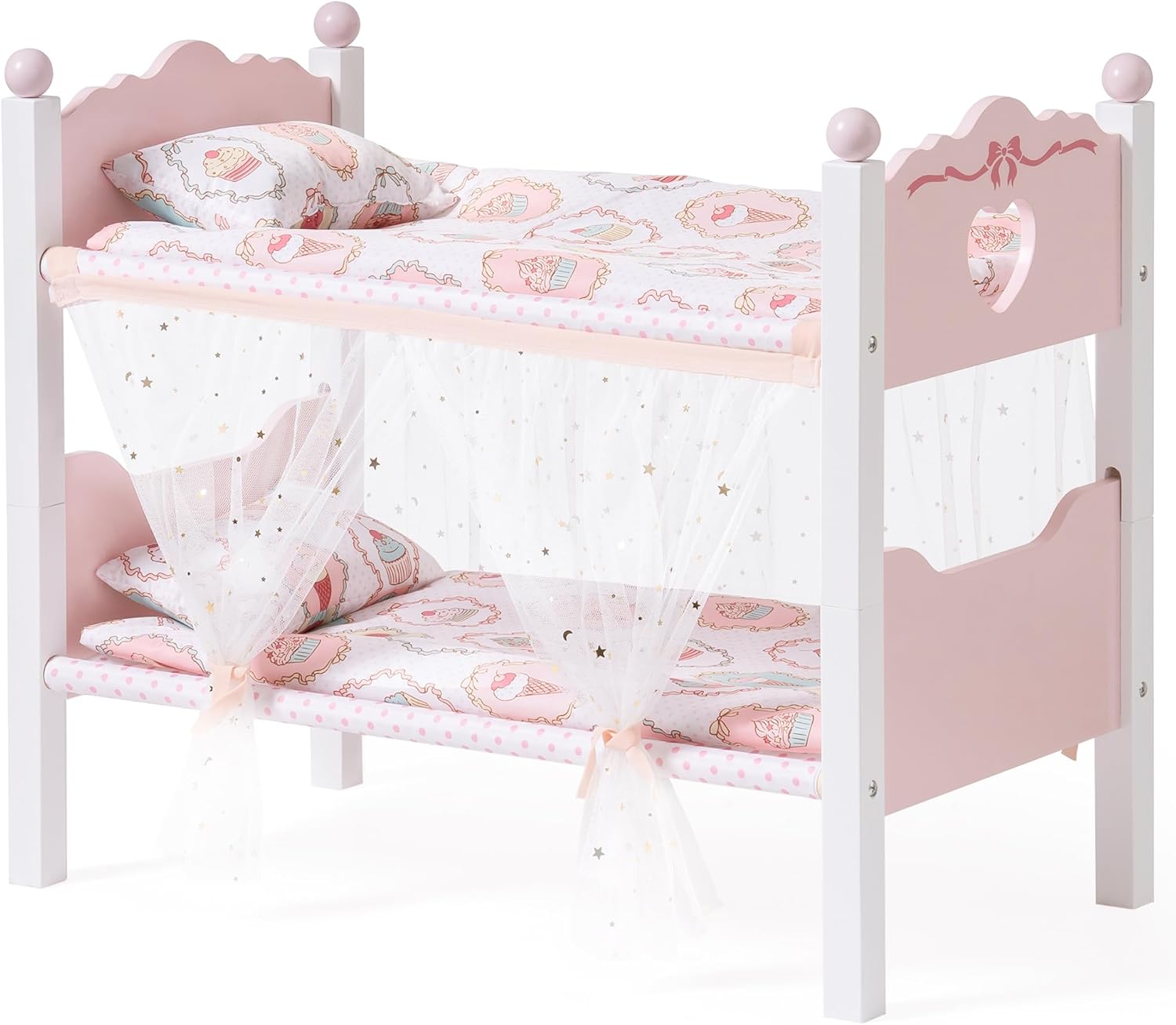 ROBOTIME Baby Doll Bunk Beds, Wooden Baby Doll Crib with Starry Curtain, Stackable Toy Crib for 18 Inch Dolls, Doll Bed Playset with Bedding Accessories, for Kids 3+ (Pink, 2 Pcs Beds) Pink Classic Style