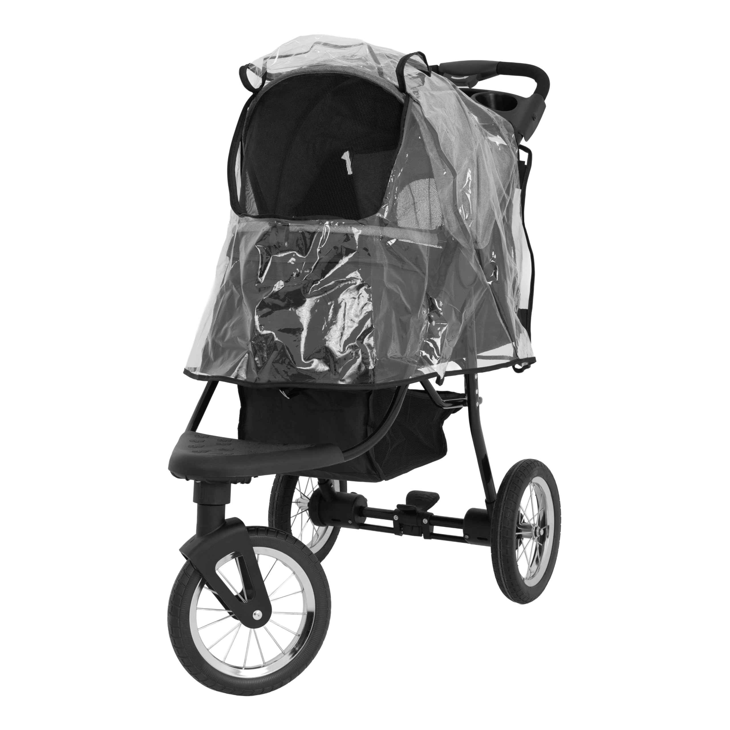 Faltbarer 3 Rad Buggy für Haustiere | Grau | Reise Jogger kleine bis mittelgroße Hunde Katzen bis 22kg | 3 schlauchlose Räder Netzbelüftung Korb Getränkehalter Caddy-Tasche Regenschutz