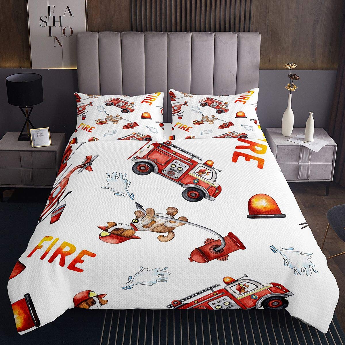 Copriletto per camioncino dei pompieri con motivo a cartoni animati per bambini ragazzi ragazze vigili del fuoco set di trapunta con stampa trapuntata 2 pezzi per letto 170X230cm