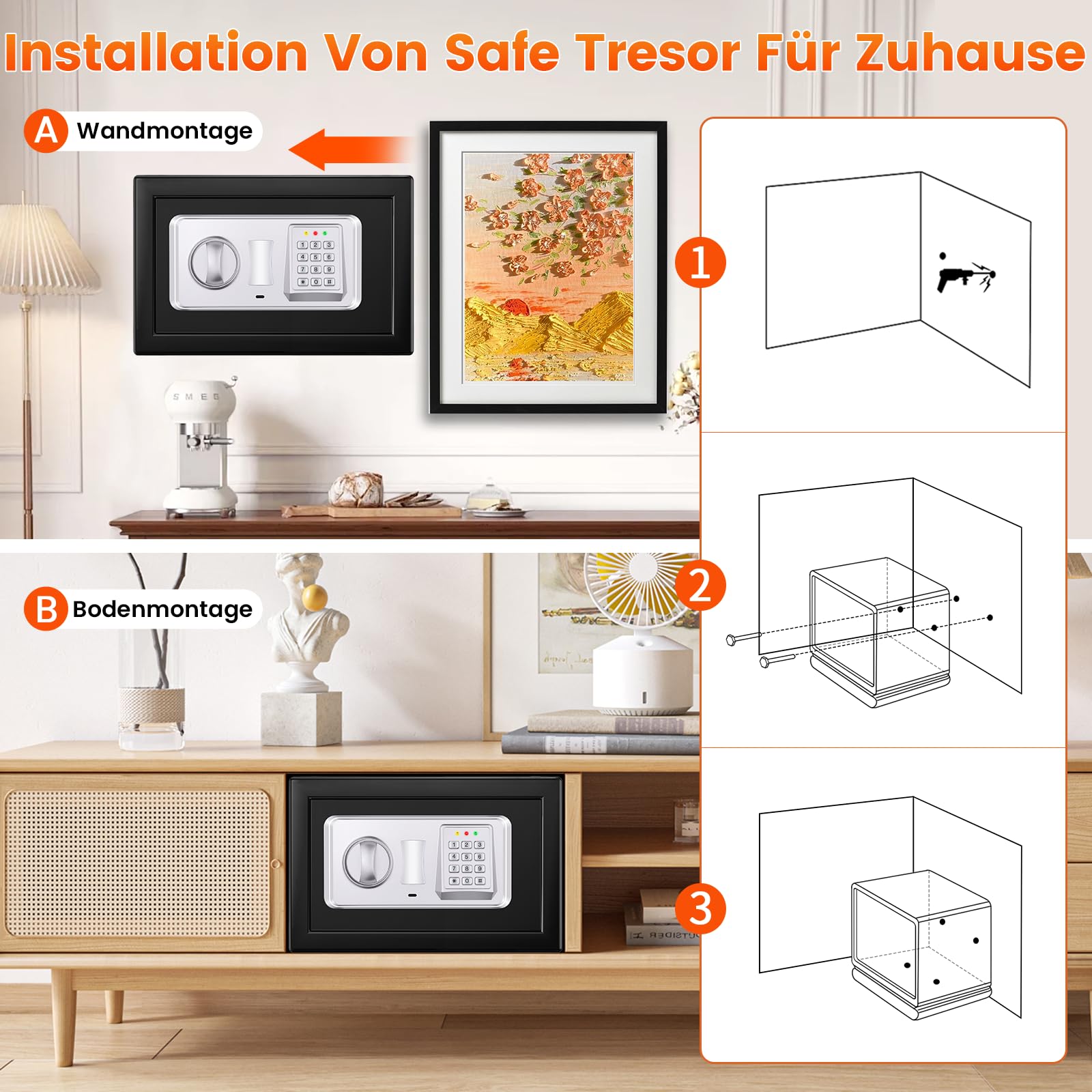 Mejasg Safe Tresor für Zuhause mit Feuerfester Tasche, 15L Digitaler Tresor Klein mit USB-C-Anschluss, Alarmmodus und Silent-Modus, Wandtresor Möbeltresor für Schmuck Bargeld Medikamente Dokumente