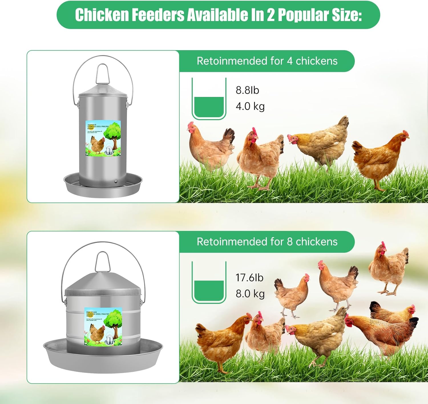 Automatic Chicken Feeder 8KG/17.6lbs, Heavy Duty Stainless Steel Reliable Long-Lasting Poultry Feeder with Handle, High Strength Structure 0.035 Inch/0.9mm Metal Thickness