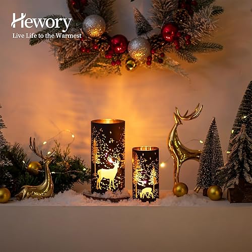 Miniatura 3 de Hewory Portavelas de huracán de Navidad juego de 2 decoración navideña de reno negro, portavelas de vidrio para centro de mesa, mantel de ventana,