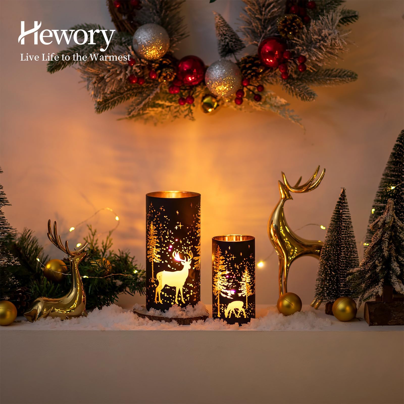 Hewory Juego de 2 portavelas de Navidad con diseño de reno negro, decoración de Navidad, decoración de interiores del hogar, portavelas de cristal para mesa, centro de mesa, mantel, ventana, cocina,