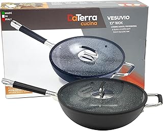 DaTerra Cucina - 13" Nonstick Ceramic Wok with Lid - Made in Italy - High Heat Resistant Nonstick Cookware - Oven Safe, PTFE, Cadmium, Lead & PFOA free - Volcanic Black Speckled