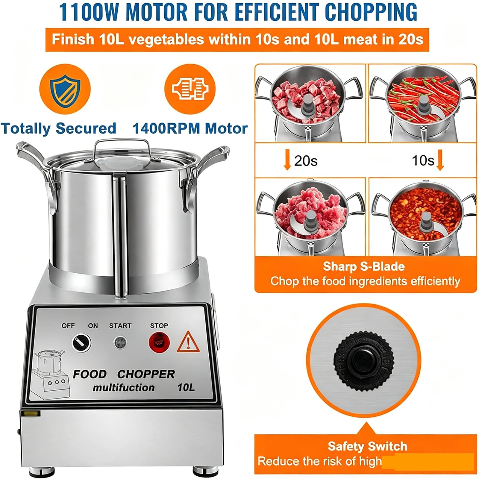 Procesador Alimentos Comercial Acero Inoxidable, Cortador De Verduras Eléctrico 1400 W, Picador Verduras Alta Resistencia, con Cuchilla En Forma De S para Verduras Y Frutas 5l