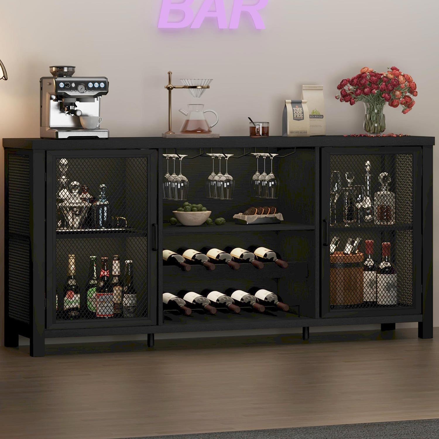 Launica Black Wine Bar Cabinet, Coffee Bar Cabinet with Storage, Farmhouse Kitchen Buffet Cabinets with Rack for Liquor Coffee, Industrial Wine Cabinets for Home Living Dining Room, Black Oak, 55 in