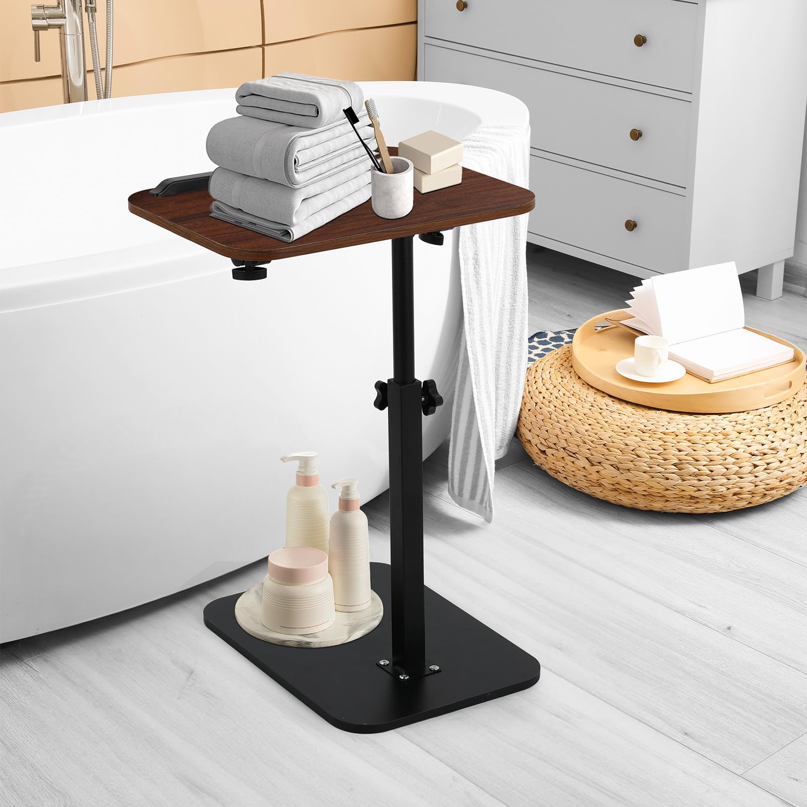 comfoyar Mesa Auxiliar en Forma de C Altura Regulable(45-80cm), Mesa Auxiliar con Tope para Sofa Cama Bañera, Giratoria 360° Mesa Auxiliar de Café para Salón Dormitorio, Pequeño Espacioes, Marrón