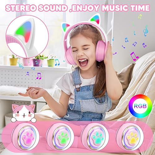 Miniatura 3 de QearFun Auriculares de gato para niñas y niños para la escuela, auriculares Bluetooth para niños con micrófono y conector de 0.138 in, auriculares