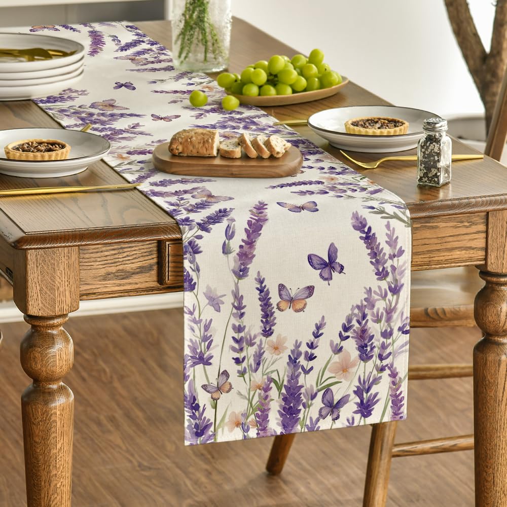Bonhause Runner da tavola color lavanda, 33 x 182 cm, estivo, viola, floreale, farfalla, foglie verdi, decorazione per tavolo da pranzo, per interni ed esterni, decorazione per la casa e le feste