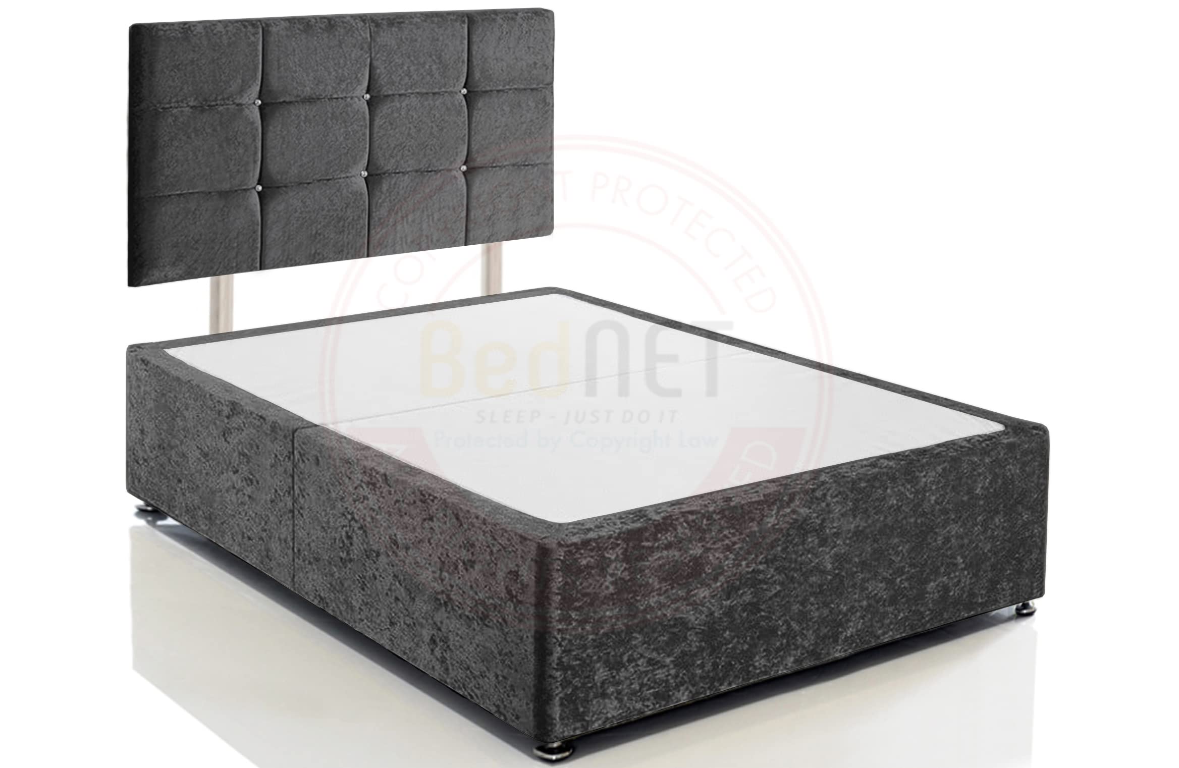 Crushed Velvet Divan Bed Base Frame and Storage Drawers in Single Double King Size with Cube Headboards for Beds Bases (Black Crushed, 3FT - Single with No Drawers)