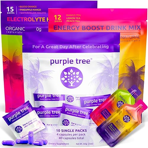 purple tree Combo premium 3x1 pastillas de bienestar después de la celebración, hidratación orgánica, paquetes de energía al día siguiente  10 kits