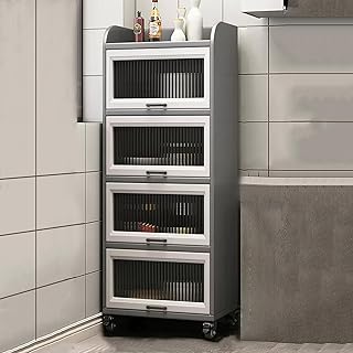 Microwave Oven Rack,Kitchen Storage Cabinet with Rolling Wheels, Wood Bakers Rack Microwave Stand with Flip Door,Freestanding Kitchen Storage Shelf Kitchen Buffet Sideboard for Spices, Dish