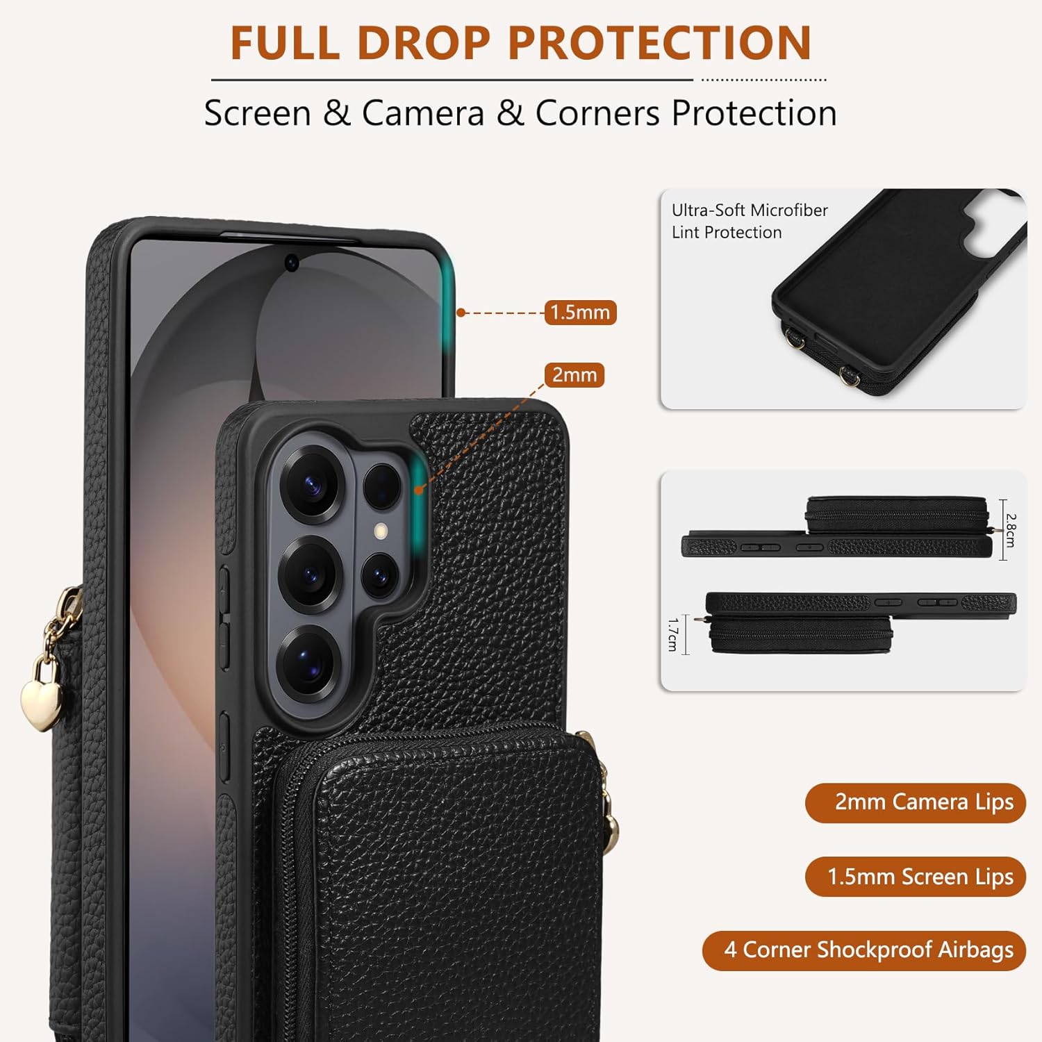 Keallce Wallet Case for Samsung Galaxy S26 Ultra 6.9",Crossbody Zipper Purse with RFID Blocking Card Slots Kickstand, Lanyard & Handstrap Flip Folio Leather Phone Cover for Galaxy S26 Ultra, Black