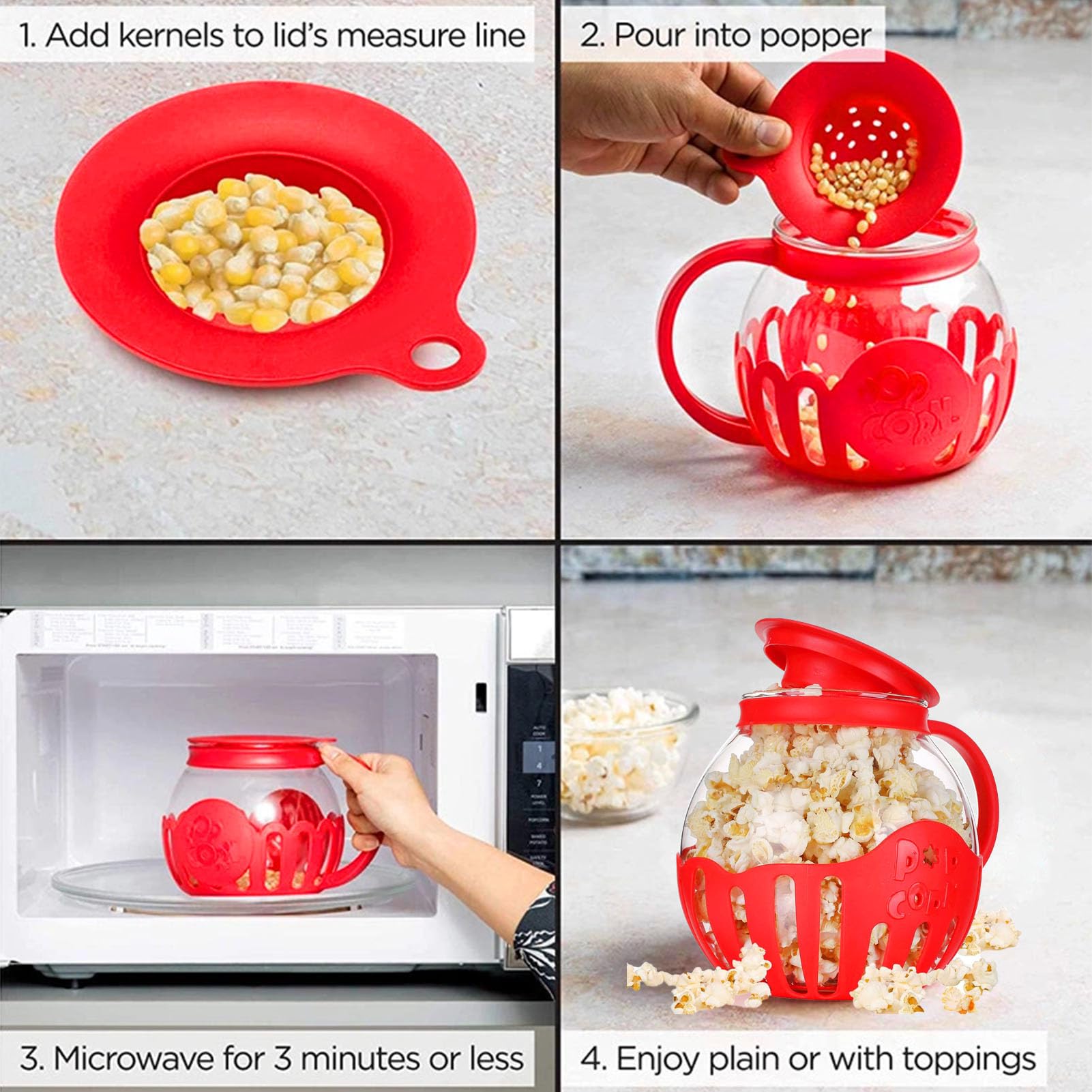 VGEBY Home Popcorn Popper - Palomitas de maíz de cristal para microondas, 2,13 L, para noches de cine y juegos (rojo)